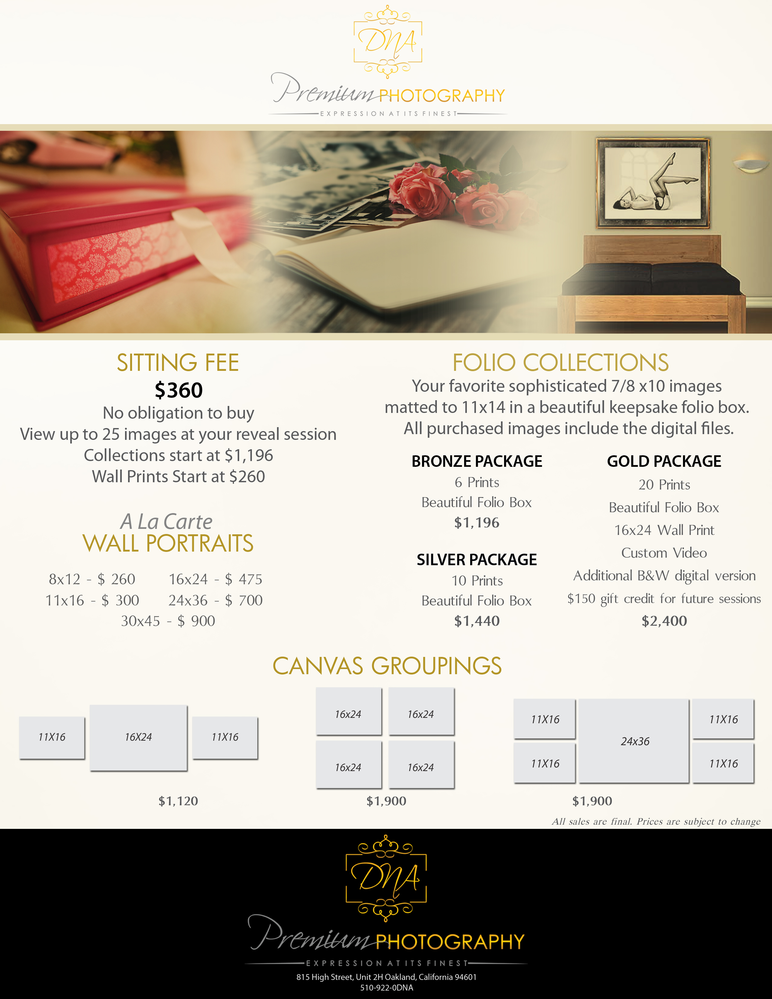 DNA Premium Photography Pricing for Maternity, Boudoir & Portraits